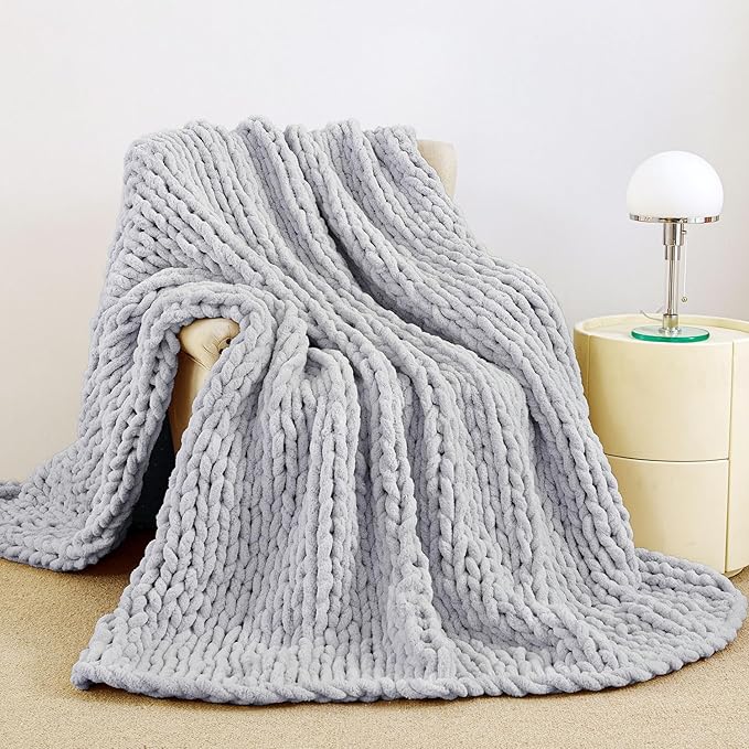 Admitrack Chunky Knit Blanket Throw, 100% Hand Knit Chenille Throw Blanket for Sofa & Home Decor, Soft and Cozy Knitted Throw Blankets (Light Gray，51"x63")-Ruum Studio Home
