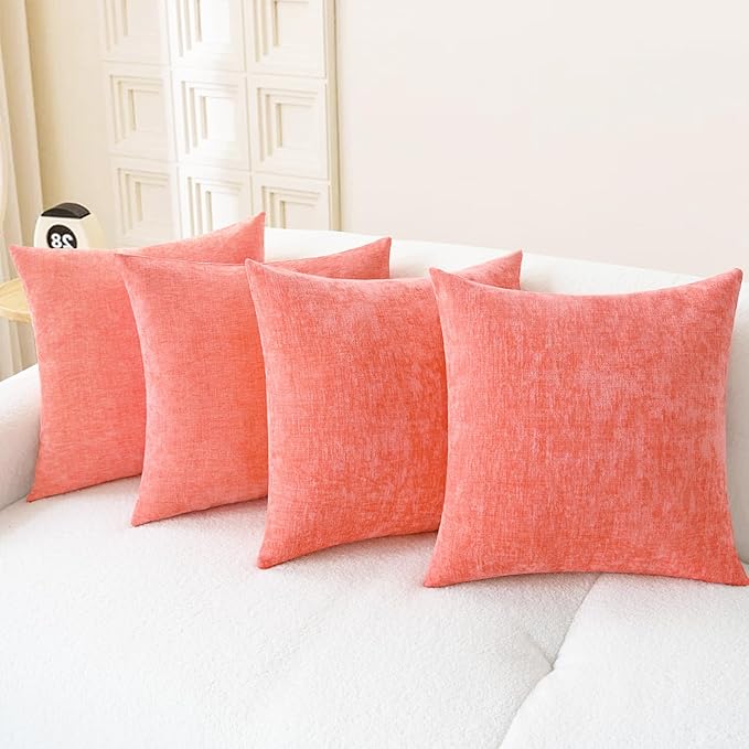 CaliTime Throw Pillow Covers Decorative 18 X 18 Inches Pack of 4 Cozy Chenille Cushion Cases for Couch Sofa Bed Living Room Home Living Coral-Ruum Studio Home
