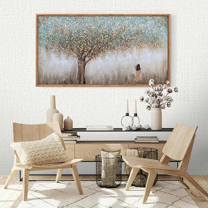 Aurlan Tree of Life Hand Painted Framed Wall Decor(40"x20"), Large Abstract Girl under Tree Oil Painting Canvas Artwork, Modern Nature Landscape Art for Office Living Room Bedroom-Ruum Studio Home