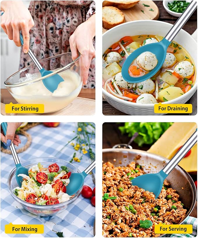 Pack of 2 Large Silicone Cooking Spoons,Non Stick Solid Basting Spoon,Heat-Resistant Kitchen Utensils for Mixing,Serving,Draining,Stirring (BLUE)-Ruum Studio Home
