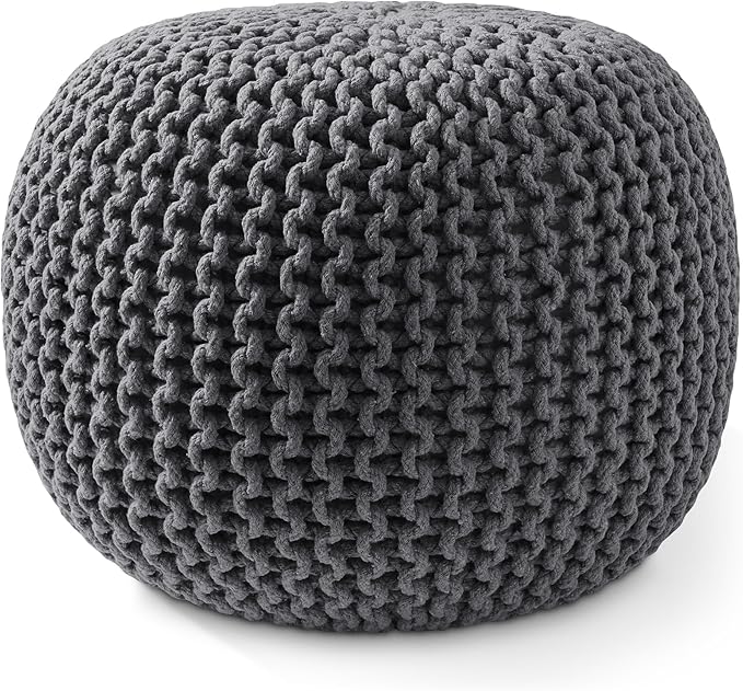 Casafield Round Pouf Ottoman, Dark Gray - 20" Diameter x 14.5" High Cotton Knit Foot Stool - Boho Floor Pouffe for Living Room, Bedroom, Home Office-Ruum Studio Home