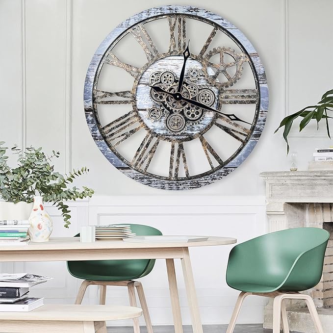 The B-Style Large Wall Clock 24 inch Moving Gear Wall Clock Oversized Vintage Farmhouse Wall Clocks for Living Room Decor Rustic Industrial Wood Clock (Aqua Green, 36 inch/90cm)-Ruum Studio Home