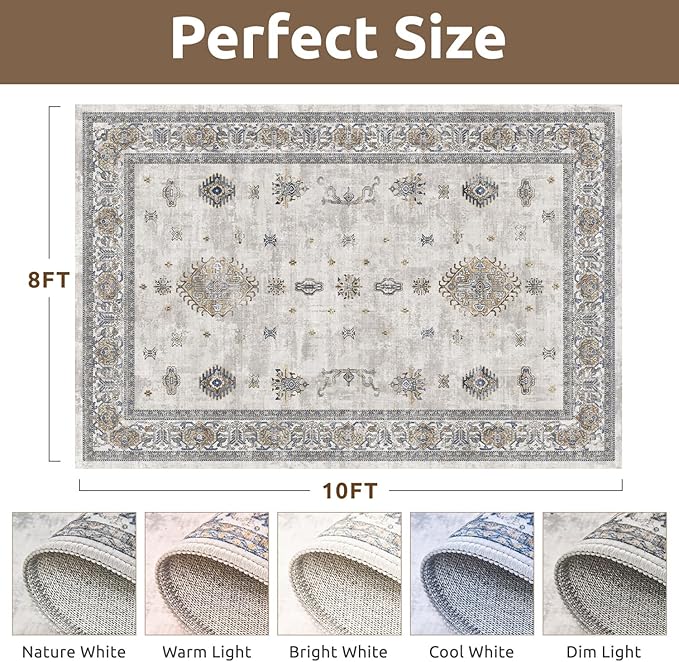 AMOAMI-Vintage Area Rug 8X10 Grey Rugs for Living Room-Soft Living Room Rug Non Slip Rugs for Bedroom Carpet Machine Washable Rug for Dining Room Bedside Office Room Decor-Ruum Studio Home