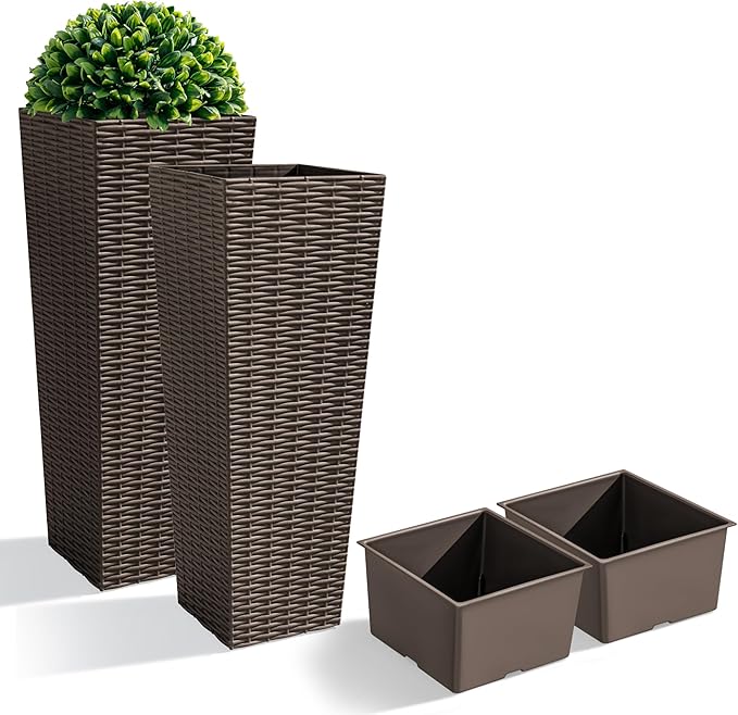 JUMMICO Set of 2 Resin Rattan Tall Planters for Outdoor Plants, Large Tapered Planters with Drainage Holes&Inner Trays, Flower Pots for Garden, Patio, Porch, Backyard (Brown, 24'')-Ruum Studio Home