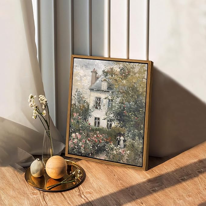 Floating Framed Canvas Vintage Wall Art, Neutral English Cottage Rose Garden Oil Paintings Print, Spring Pictures Wall Decor for Living Room Hallway Bedroom Office Rustic Decor 8x10 inch-Ruum Studio Home