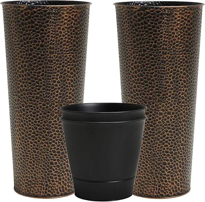 Worth Garden 2-Pack 28" H. Metal Planters with 2X Inside Pots - Hand-Hammered Texture Tall Narrow Cone Plant Pots - Large Handcrafted Bronze Flower Pot for Indoor Outdoor, Deck, Patio, Front Porch-Ruum Studio Home