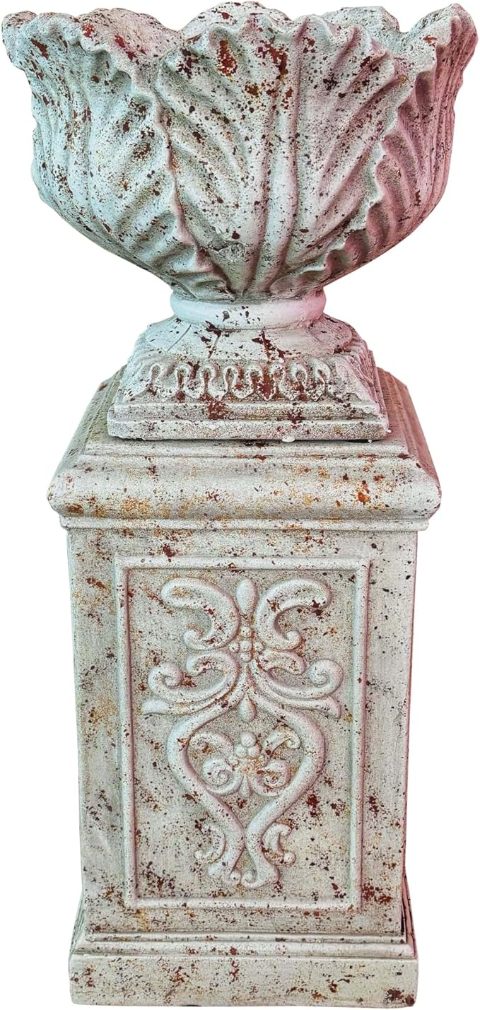 Vintage Garden Urn Planter with Pedestal, Cement and Fiber, Maked Antique, Decorative Leaf Pattern, 14.2x11.8 Inch Pot with 19.3 Inch Stand, Wrap Foam Safely Delivered from Local Warehouse (Antique)-Ruum Studio Home