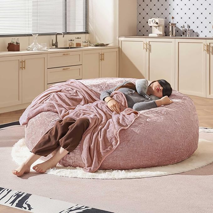 Bean Bag Chair 5Ft, Memory Foam Filled, Large Beanbag Chairs for Adults and Teens, Soft Sofa with Removable Flannel Cover, Round Couch for Living Room Bedroom College Dorm (Pink, 5FT-60×60"×24")-Ruum Studio Home