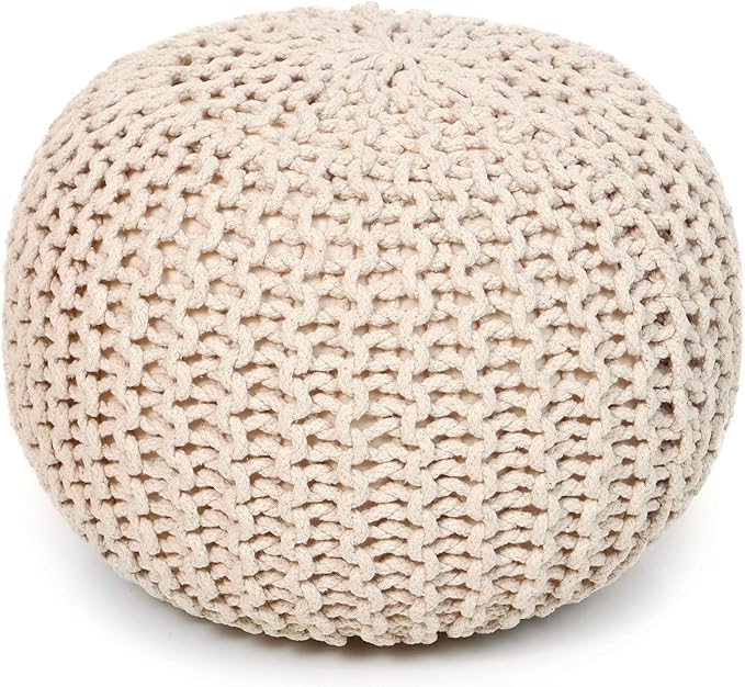 REDEARTH Round Pouf Ottoman –18"x18"x14" Hand-Knitted Cotton Pouffe –Cable Footstool –Boho Dori Hassock –Pre-Stuffed Poof – Extra Seat -Poofy Footrest for Living Room, Bedroom, Nursery, Nook –Ivory-Ruum Studio Home