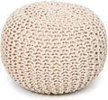 REDEARTH Round Pouf Ottoman –18"x18"x14" Hand-Knitted Cotton Pouffe –Cable Footstool –Boho Dori Hassock –Pre-Stuffed Poof – Extra Seat -Poofy Footrest for Living Room, Bedroom, Nursery, Nook –Ivory-Ruum Studio Home