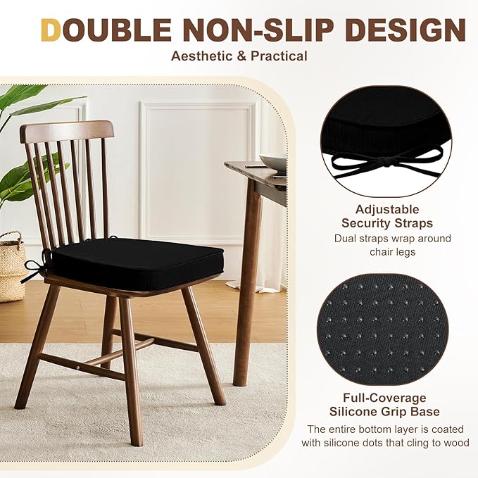 downluxe Chair Cushions for Dining Chairs, Waterproof Kitchen Chair Pads, Non-Slip Dining Seat Cushion with Ties, 17" x 16" x 2.5", Black, 4 Pack-Ruum Studio Home