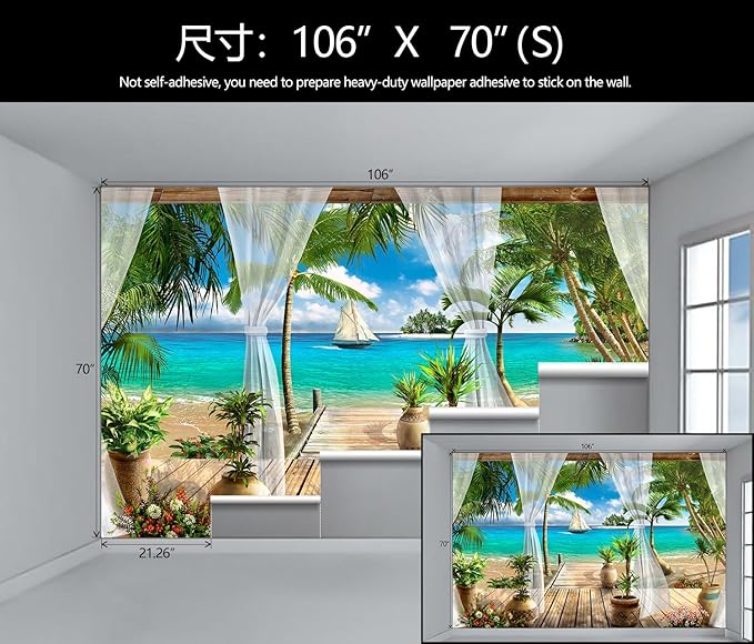 WFBHUA-Wall Mural Tropical Beach Palm Tree Wallpaper Balcony Window Seascape Landscape Wallpaper for Bathroom Living Room Bedroom (Not Peel and Stick)-Ruum Studio Home