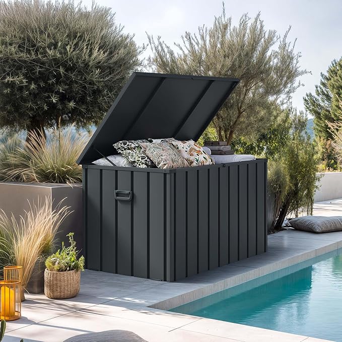 PURPLE LEAF Outdoor Deck Box 160 Gallon Waterproof Lockable Storage Box Container with Lid Deck Organization for Patio Cushions Side Table Pool Accessories Garden Tools, Gray-Ruum Studio Home
