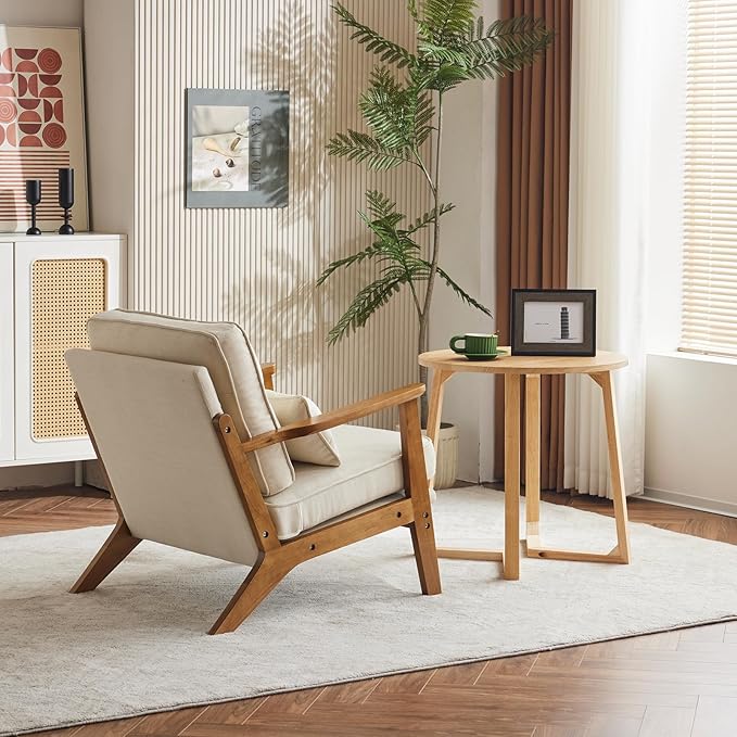 Karl home Accent Chair Wide Armrest Mid-Century Lounge Chair Linen Fabric Armchair with Lumbar Pillow & Solid Wood Frame for Living Room, Bedroom, Balcony, Beige-Ruum Studio Home