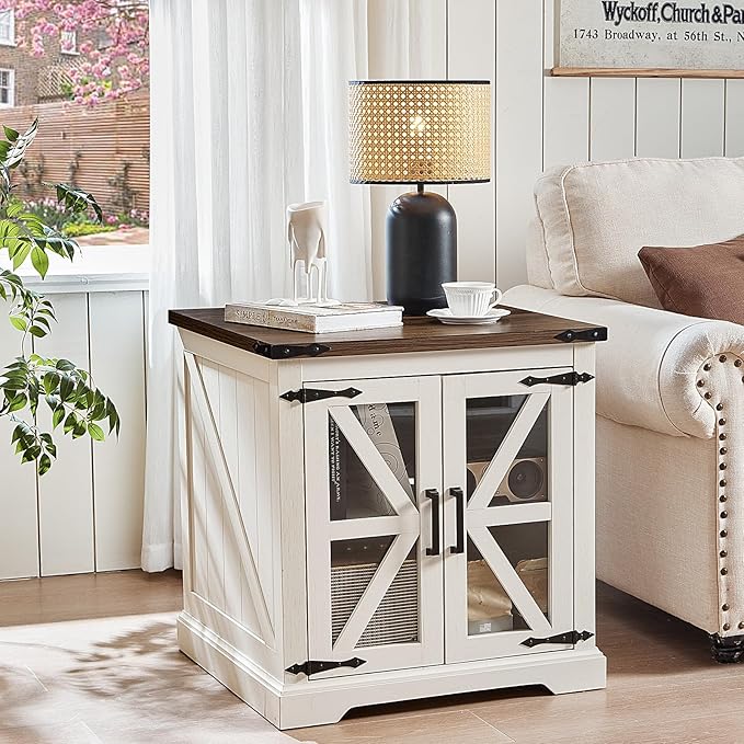 24" End Table with Charging Station, Farmhouse Night Stand with Glass Barn Door, White Nightstands with Adjustable Storage Shelf, Large Wood Square Bed Side Table for Living Room,Bedroom-Ruum Studio Home