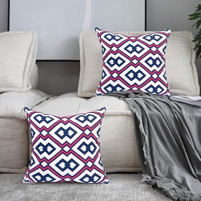 Alysheer Embroidered Decorative Throw Pillow Cover 18"x 18" Set of 2, Classic Boho Geometric Embroidery Pattern Cotton Rectangular Cushion Case for Sofa Couch Living Room Bedroom (Blue Pink)-Ruum Studio Home