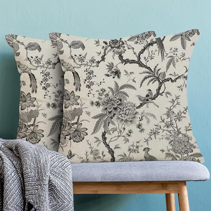 CXMEIFLY Spring Floral Birds Pillow Covers 20 x 20 Inch Set of 2 for Chinoiserie Flowers Decor Throw Pillows Black and White Plant Outdoor Decorative Cushion Cases for Couch Bed Decorations-Ruum Studio Home