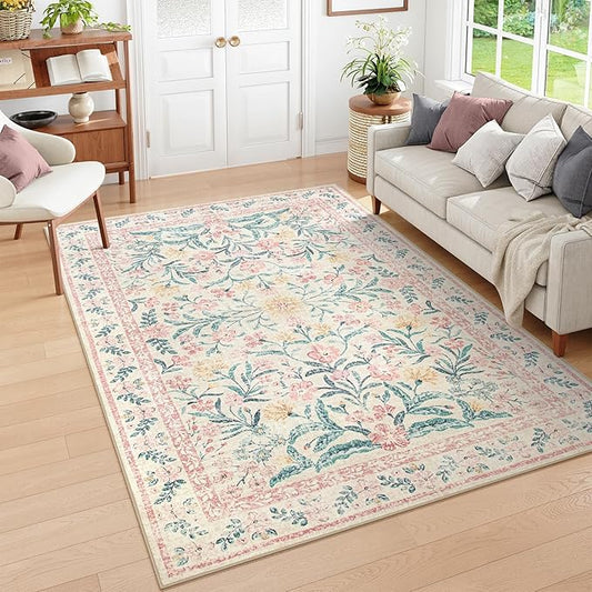 Wonnitar Washable Area Rug 6x9, Pink Floral Rugs for Bedroom Girls Soft Living Room Carpet Ultra-Thin, Boho Non Slip Non-Shedding Pastel Nursery Carpet for Kids Room Playroom Dorm-Ruum Studio Home