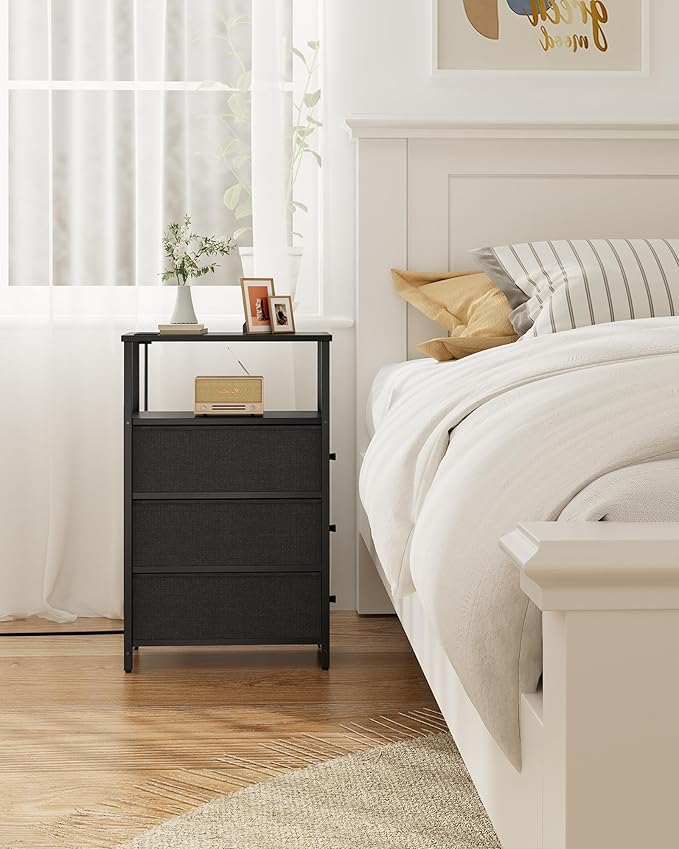TUTOTAK Narrow Night Stand with Charging Station, Slim End Table with Plugins, Tall Side Table with 3 Fabric Drawer, Small Bedside Table with Storage, Living Room, Bedroom, Black TB01BK086-Ruum Studio Home