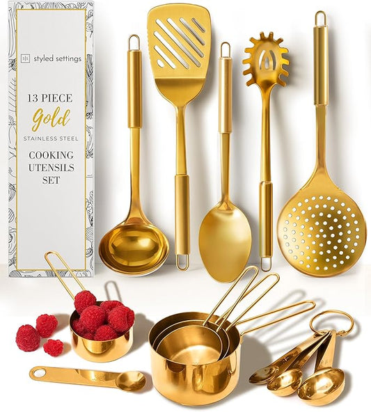 Gold Cooking Utensils with Measuring Cups and Spoons Set - 13-Piece Luxury Gold Kitchen Accessories Includes Metal Measuring Cups and Spoons for Baking, Cooking, and Elegant Kitchen Decor-Ruum Studio Home