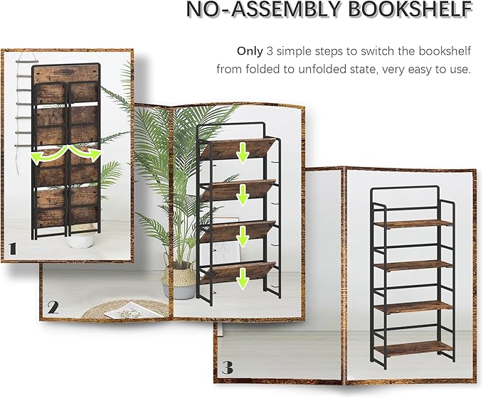 4NM No Assembly Foldable Bookshelf, 4-Shelf Collapsible Bookcase Storage for Small Spaces, 54" H, Rustic Brown and Black-Ruum Studio Home