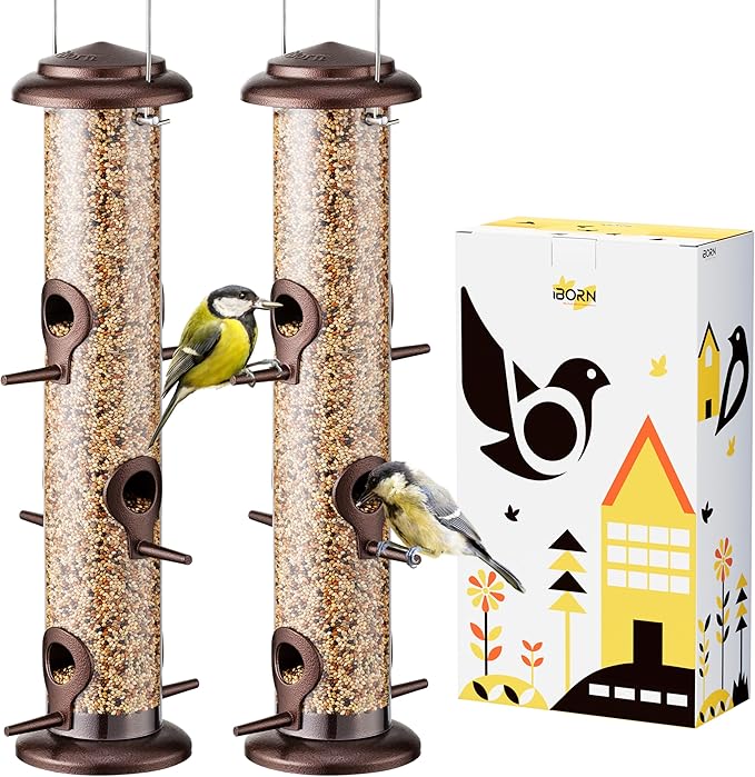 iBorn Metal Bird Feeder Hanging Wild Bird Seed Feeder for Mix Seed Blends Heavy Duty All Metal Coffee Finish,14 Inch 6 Port,Pack of 2-Ruum Studio Home