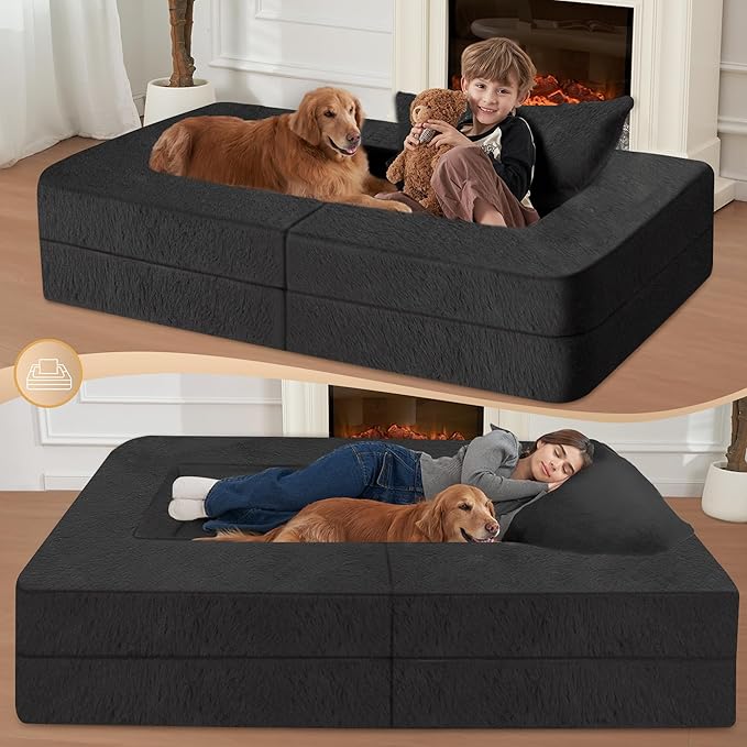 Folding Bean Bag Chair for Adults,3-in-1 Bean Bag Couch Faux Fur Floor Sofa Large Beanbag Convertible Bean Bag Sofa Bed with Pillow in Bedroom,Living Room,Apartment(Twin,Black)-Ruum Studio Home