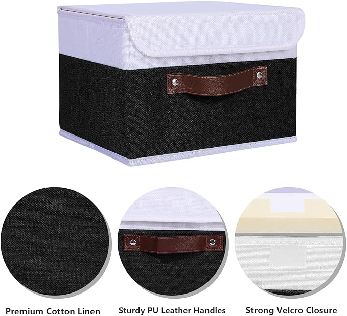 ANMINY 4PCS Storage Boxes with Lid Washable Decorative Storage Bins Basket with PU Leather Handle Foldable Linen Fabric Storage Cubes Containers for Home Closet Organizer - Black White, Small Size-Ruum Studio Home