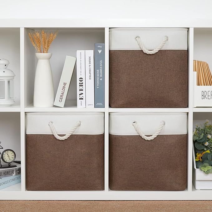 Bidtakay Collapsible Rustic Cube Storage - Brown Cloth Baskets with Handles, 13x13x13 Inch, Set of 3 Fabric Storage Bins-Ruum Studio Home