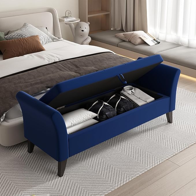 Furniliving Storage Ottoman Bench, Velvet Benches End of Bed Bench with Solid Wood Legs Upholstered Ottoman Bench with Storage Indoor Bench for Living Room with Rolled Arm, Entryway, NavyBlue-Ruum Studio Home