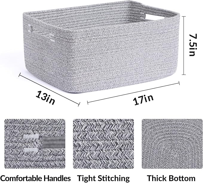 Large Storage Baskets for Shelves, Closet Organizers Bins for Clothes Blanket Towels, Baby Nursery, Toy Baskets Box, Woven Rope Baskets, 17 x 13 x 7.5”, 2 Packs Mixed Grey-Ruum Studio Home