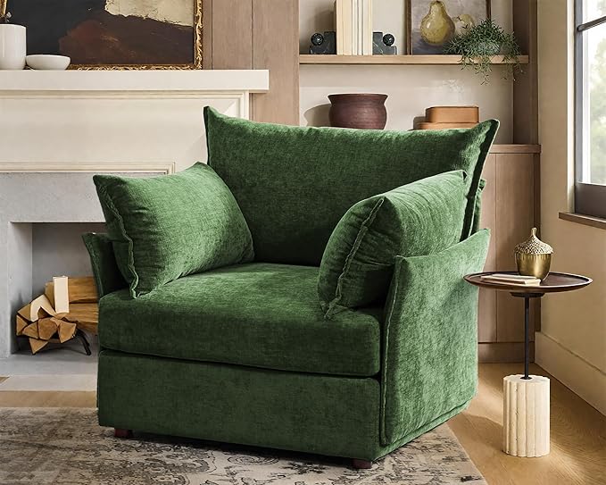 Oversized Accent Chair, Upholstered Modern Sofa Chair with Removable Backrest & Detachable Cover, 24.5" Deep Seat Large Reading Armchair for Living Room Bedroom Office - Chenille Green Set of 1-Ruum Studio Home