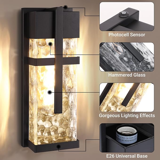 Hammered Glass Outdoor Wall Lantern, Dusk to Dawn Wall Sconce Lighting, 2 Pack Outdoor Light Fixtures, Exterior Porch Light with Waterproof, Modern Wall Lamp for Garage, Doorway, Patio(Bulb Included)-Ruum Studio Home