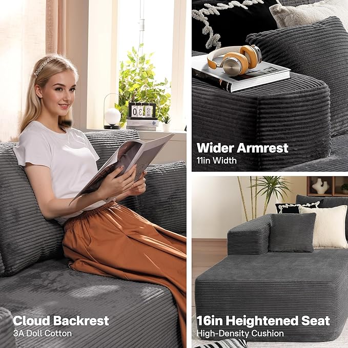 104" Cloud Sectional Couches for Living Room,L Shaped Boneless Couch in A Box,Sleeper Sofa with Comfy Chaise No Assembly Required,Grey-Ruum Studio Home