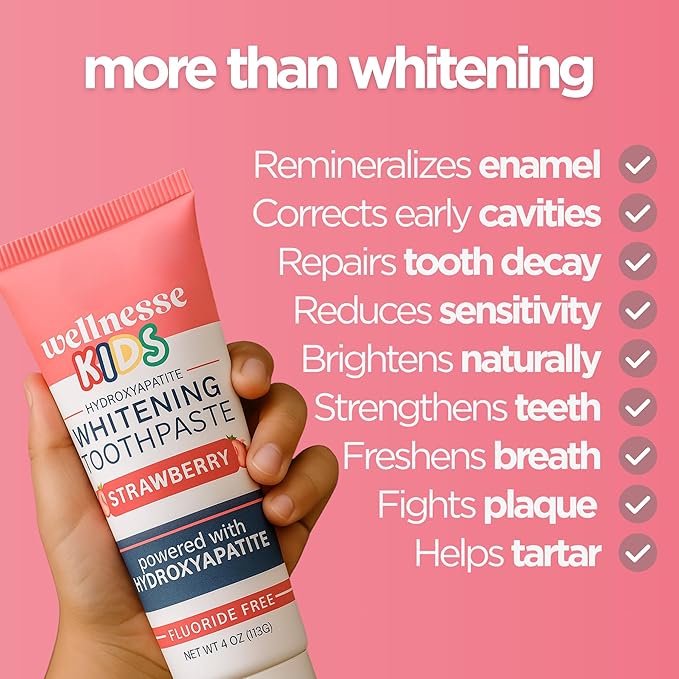 Wellnesse Kids Hydroxyapatite Toothpaste with Xylitol - Fluoride Free Toddler & Kid's Natural Toothpaste, Freshens Breath, Sensory-Friendly Oral Care, Vegan, Strawberry Flavor, 4 oz (Pack of 1)-Ruum Studio Home