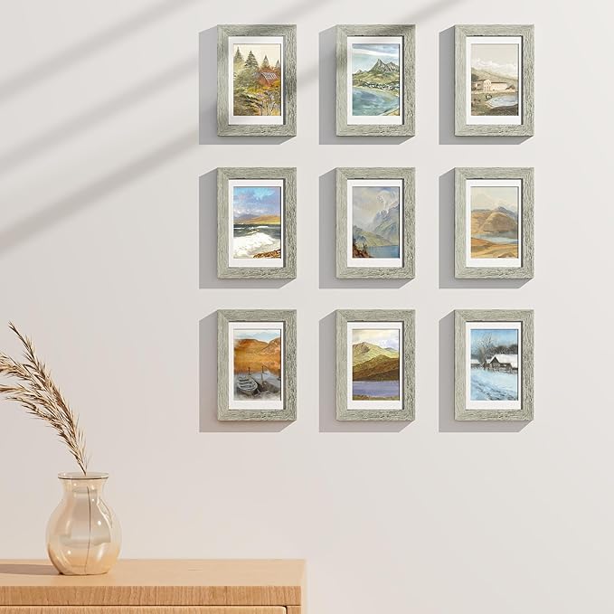 Vittanly 4x6 Picture Frames Set of 9, Shatter Resistant Plexiglass, Display 3.5x5 Pictures with Mat or 4x6 without Mat, Photo Frames for Wall or Tabletop, Engineered Wood, Grey-Ruum Studio Home