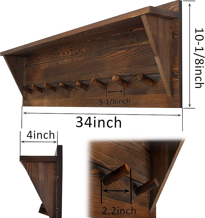WEBI Coat Rack Wall Mount with Shelf,8 Peg Hooks,34" Long Rustic Entryway Wall Shelf with Hooks Underneath for Hanging Coats,Clothes,Bathroom,Rustic Brown-Ruum Studio Home