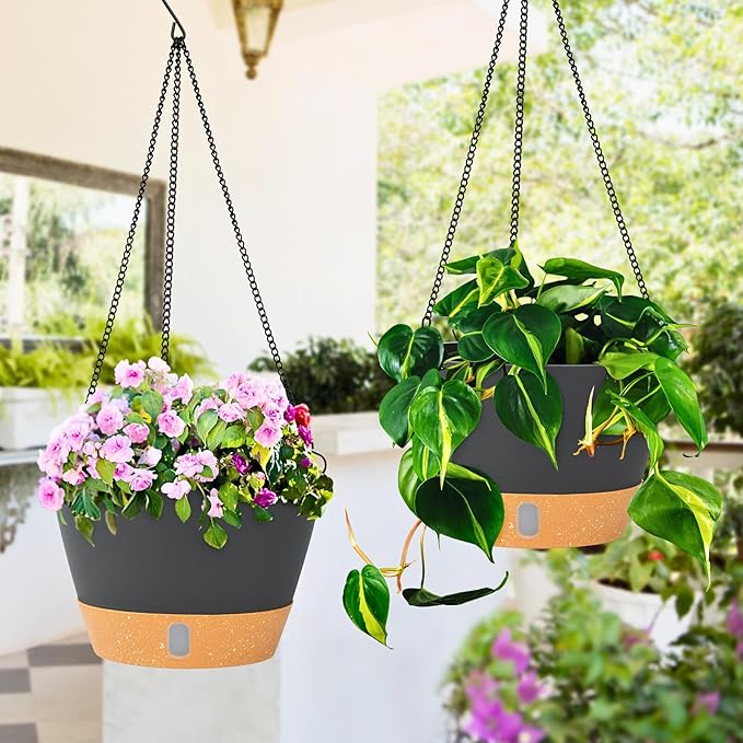 QCQHDU 2 Pack Hanging Planters for Indoor Outdoor Plants, 10 Inch Hanging Baskets Flower Pots with Reservoir Tray & Visible Water-Level-Ruum Studio Home
