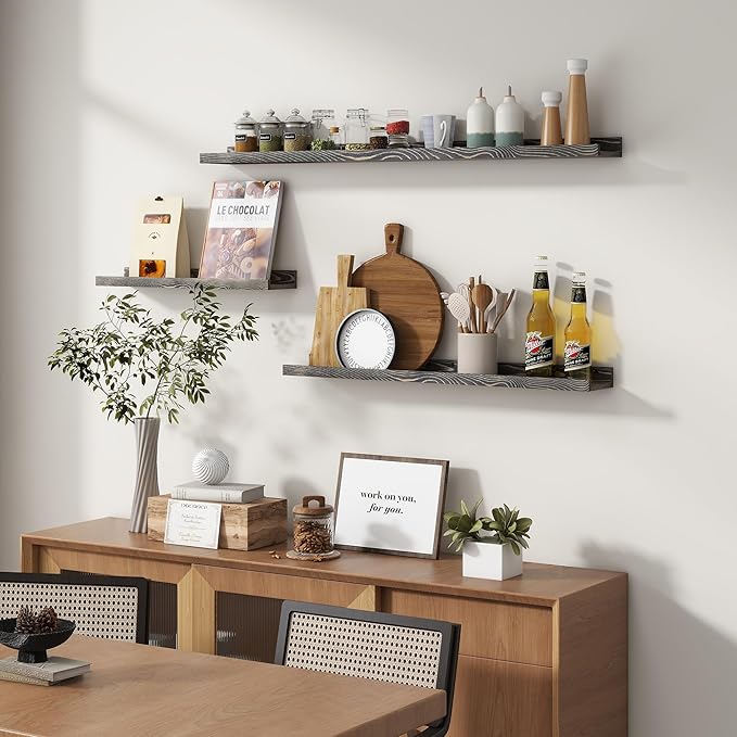 Picture Ledge Wall Shelves 48 Inches Width Set of 3, Solid Pine Wood Rustic Floating Ledge for Kids' Room Bedroom Kitchen Bathroom, Long Floating Shelves for Wall Decor, Grey-Ruum Studio Home