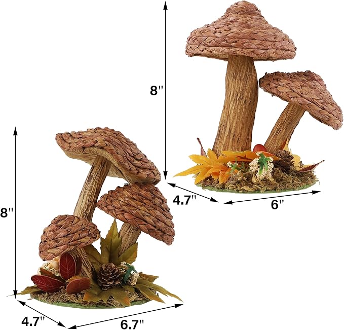 winemana 2 Pack Mushroom Fall Decor - Handmade Woven Mushrooms Figurines, Rustic Farmhouse Table Centerpieces for Thanksgiving, Autumn Home, Shelf & Kitchen Decor-Ruum Studio Home