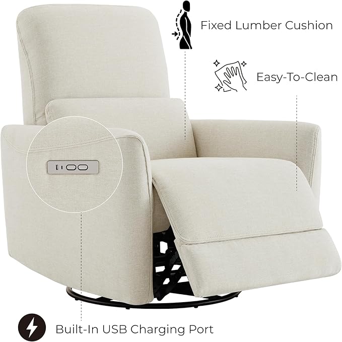 CHITA Power Recliner Chair Swivel Glider, FSC Certified Upholstered Living Room Nursery Reclining Sofa Chair with Lumbar Support, Linen-Ruum Studio Home
