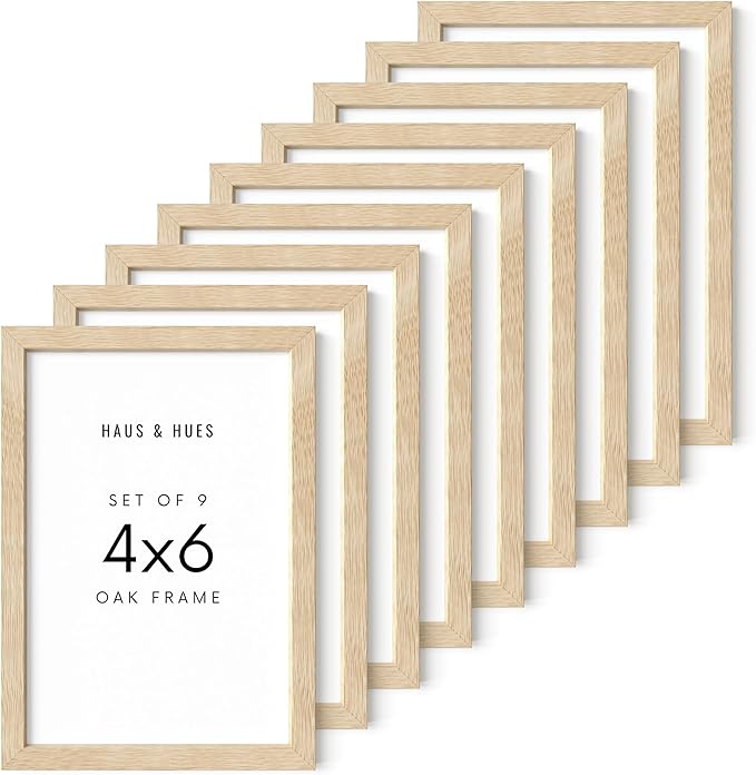 HAUS AND HUES Square Picture Frames 4 x 6 Set of 9 - Photo Gallery Wall Frame Set, Wood 4x6 Frames, 4 x 6 Frames Gallery Wall Set, 4x6 Frame with Mat, Square Frames 4x6 (Beige Oak Frames)-Ruum Studio Home