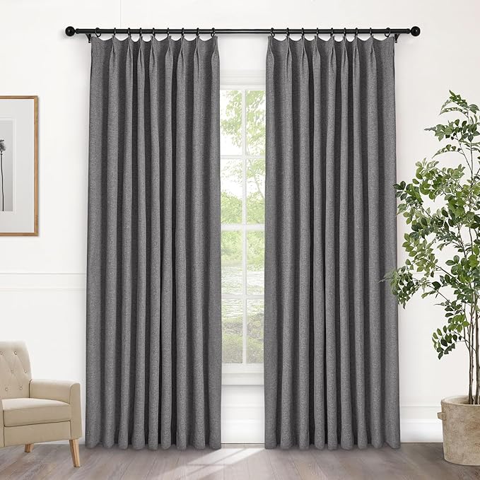 Macochico Pinch Pleated Full Blackout Curtains for Bedroom Living Room Gray Linen Curtains Thermal Insulated and Noise Reducing Window Panels with Tieback Shabby Chic Decor 84”Wx84”L 1 Panel-Ruum Studio Home