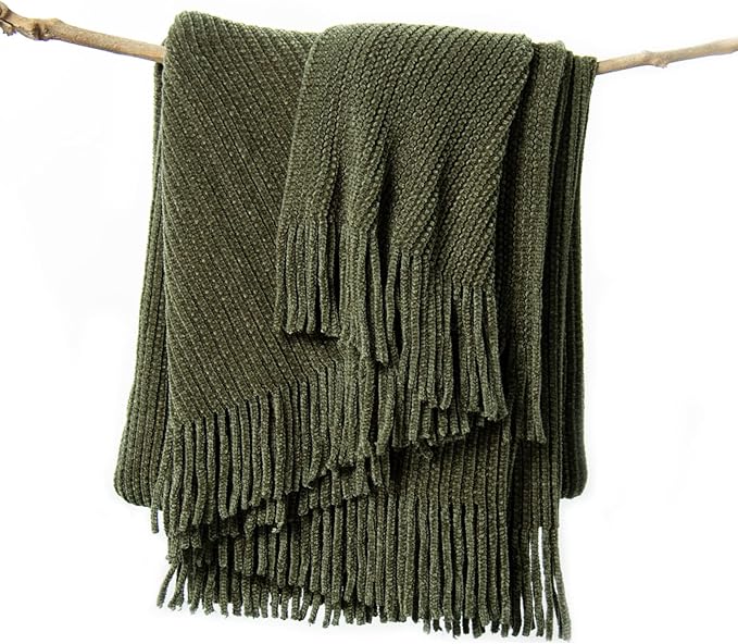 lifein Throw Blanket for Couch, Soft Green Boho Decor Bed Throw,Cozy Knitted Chenille Farmhouse Lightweight Throw for Spring(Olive Green,50 * 60")-Ruum Studio Home
