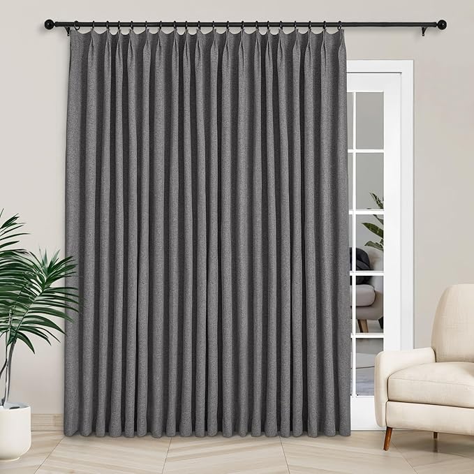 Macochico 100”Wx96”L Pinch Pleated 100% Blackout Linen Curtains Thermal Sliding Curtains for Bedroom Living Room Sliding Glass Door Farmhouse Shabby Chic Natural Grey Drapery with Tieback 1 Panel-Ruum Studio Home