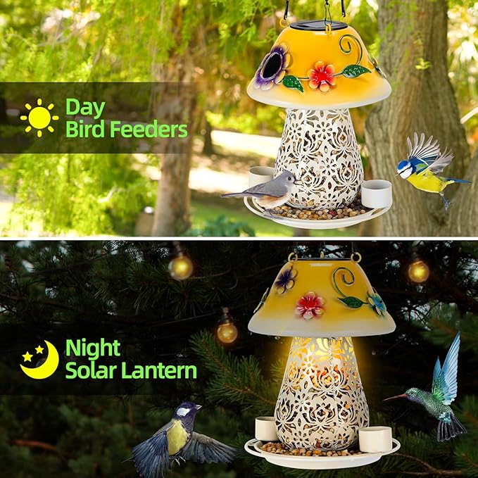 Mushroom Solar Bird Feeders for Outdoors Hanging Metal Wild Bird Feeder Garden Lantern with S Hook for Garden Decoration Yellow-Ruum Studio Home