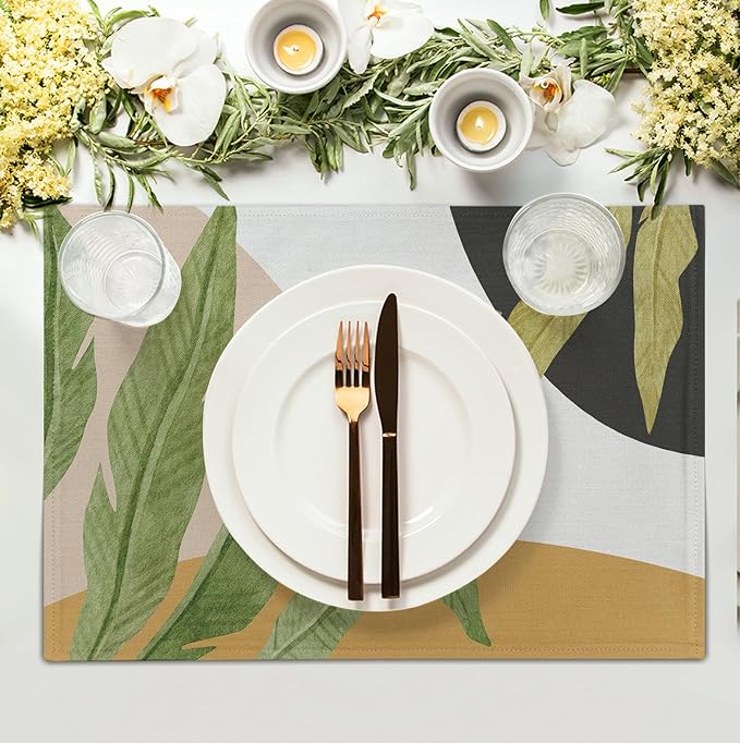 Tropical Palm Leaf Linen Placemats Set of 4 Summer Green Banana Leaves Themed Kitchen Place Mats Washable Non-Slip Heat Resistant Fabric Dining Table Placemats 12x18 Inch-Ruum Studio Home