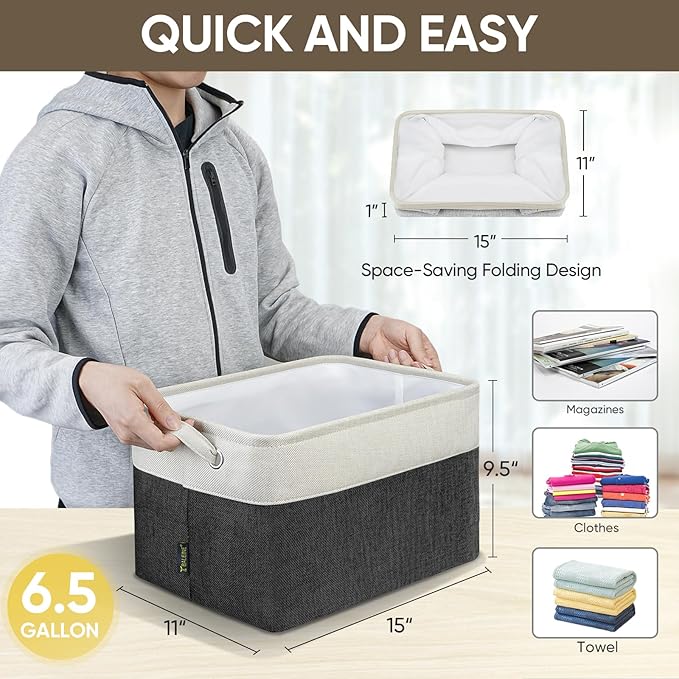 BALEINE 1 Pack Fabric Storage Bins for Shelves, Linen Storage Baskets for Organizing, Decorative Closet Bins for Clothes, Home (Black, 15''x11''x9.5'')-Ruum Studio Home
