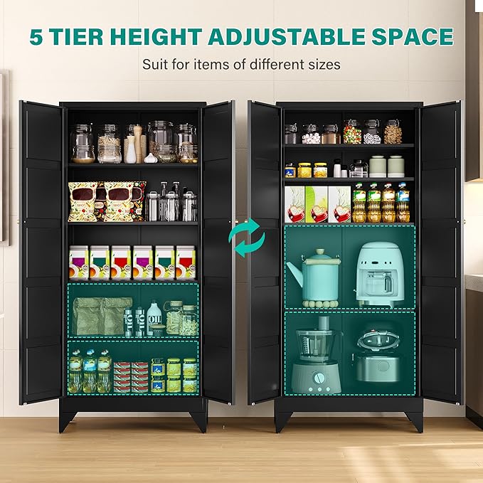 Metal Storages Cabinet with 2 Doors and 5 Shelves,Tall Storage Cabinet,Large Cupboard Closet,Pantry Storage Cabinet for Home,Office,Bathroom,Dining/Living Room (Black, 71" H)-Ruum Studio Home