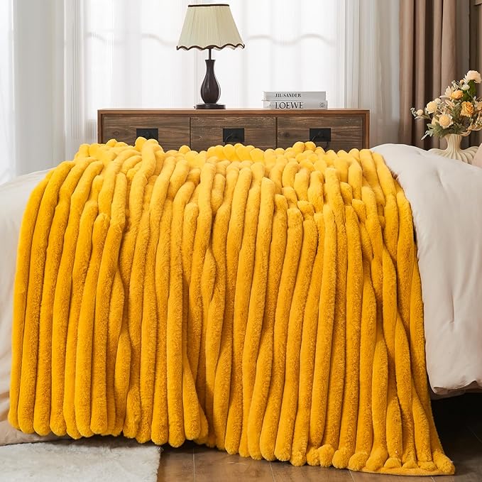 NEWCOSPLAY Faux Fur Throw Blanket Mustard Yellow 3D Ribbed Plush Thick Warm Blanket for Couch Sofa Bed 850GSM (Mustard Yellow Ribbed, Throw(50"x60"))-Ruum Studio Home